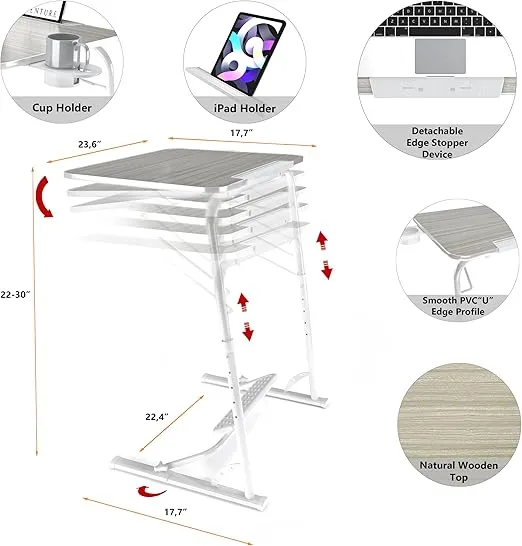 FoldWise Large Folding TV Tray Table - Wooden Height & Angle Adjustable Laptop Table, Flat-Folding Laptop Desk & Sturdy Couch Table, All-in-One: Footrest, Cupholder, Edge Stopper & Tablet Holder