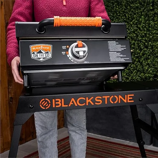 Blackstone 5013 Collapsible 17” and 22” Tabletop Griddle Stand with Adjustable Legs and a Removable Side Shelf, Powder Coated Steel, Black