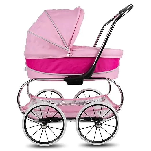 Valco Baby Classic Bassinet Doll Stroller - Hot Pink, Luxury Vintage-Style Pram, Removable Bassinet, Handcrafted Wheels, Ideal Gift for Kids Ages 3+