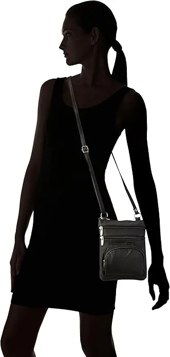 Roma Leathers Genuine Cross Body Purse Bag, Multi-Pocket, Black