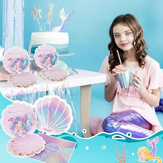 OurWarm 24PCS Mermaid Birthday Invitations Girl with Envelopes, 3D Pearlescent Birthday Party Invitations Mermaid Party Supplies for Under the Sea Ocean Little Mermaid Party Decorations