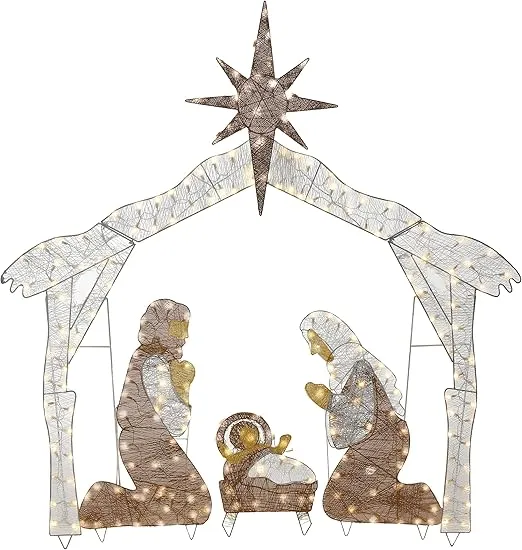 National Tree Company Pre-lit Artificial Christmas Décor - Includes Pre-strung White Mini White Lights and Ground Stakes - Crystal Holy Family Nativity - 6 ft