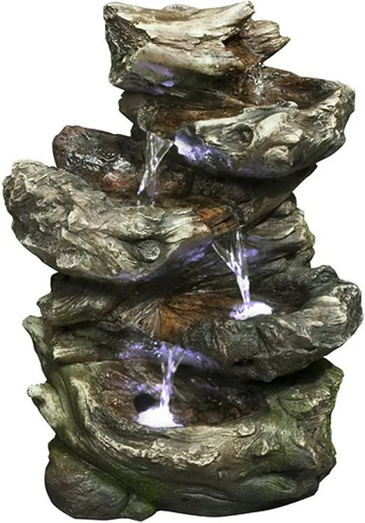 Hi-Line Gift Ltd 4-Level Log Waterfall Fountain, Includes Underwater LED Light and Pump
