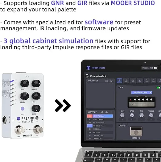 MOOER Preamp Model X Dual-channel Preamp Pedal with 14 Preset Slots, 28 Amp Model, 3 Cab Sim, Supporting loading MNRS, GNR, and GIR files via MOOER STUDIO to Expand Ttonal Palette