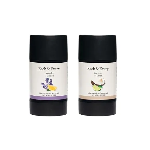 Each & Every Natural Deodorant for Men & Women - Aluminum- Free, Sensitive Skin, Plant-Based, Baking Soda-Free, 24 Hr Odor Control - Lavender & Lemon + Coconut & Lime Travel Size Multipack, 2.5oz
