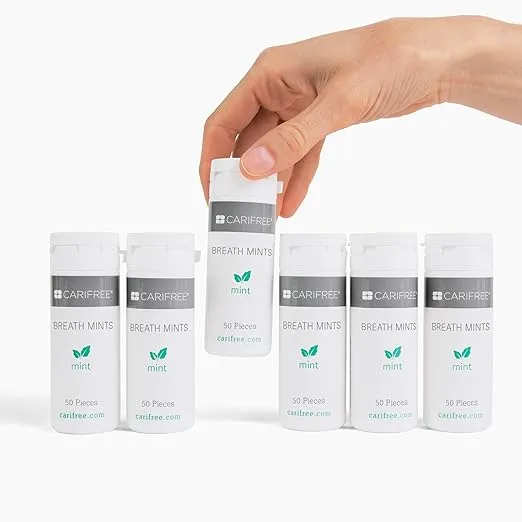 CariFree Breath Mints, Hydroxyapatite and Xylitol, Sugar-Free, pH Elevating, Freshens Bad Breath, Delicious Refreshing Mint Flavor, Convenient On-The-Go, Travel Size, 50ct tubes, 6 Tubes Per Box.