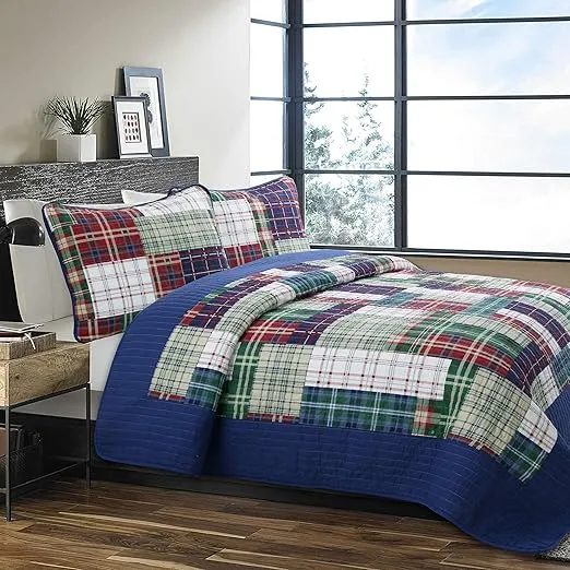 Cozy Line Home Fashions Nate Patchwork Quilt Set, Green Red Navy White 100% Cotton Reversible Coverlet Bedspread for Boy (Nate Patchwork, Queen - 3 Piece)