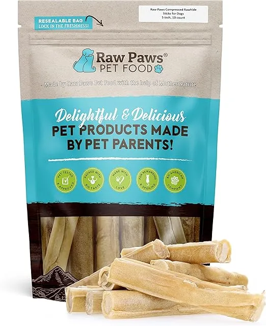 Raw Paws 5-inch Compressed Rawhide Rolls for Dogs, 10-ct - Packed in The USA - Pressed Rawhides for Dogs - Free-Range Raw Dog Hide Chews - Natural Rawhide Dog Chew Sticks for Puppies & Small Dogs