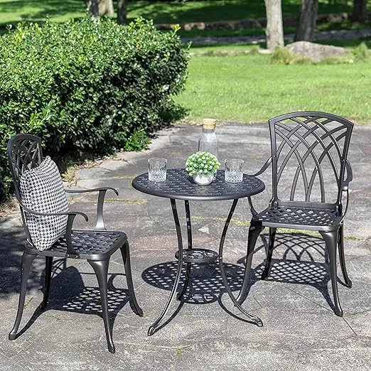 NUU GARDEN Patio Bistro Sets 3 Piece Cast Aluminum Bistro Table and Chairs Set with Umbrella Hole Bistro Set of 2 for Patio Backyard, Black