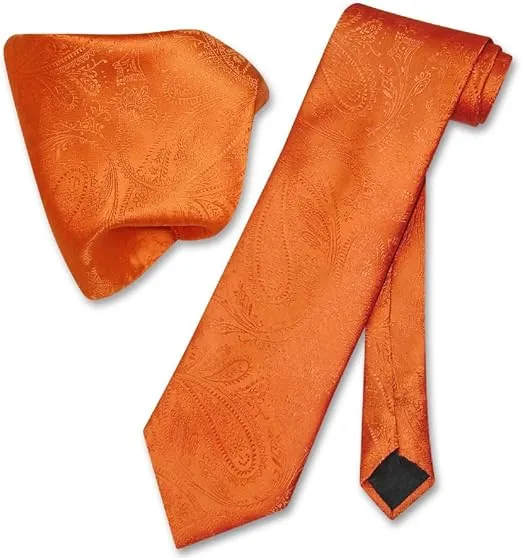 Vesuvio Napoli Burnt Orange PAISLEY NeckTie & Handkerchief Matching Neck Tie Set