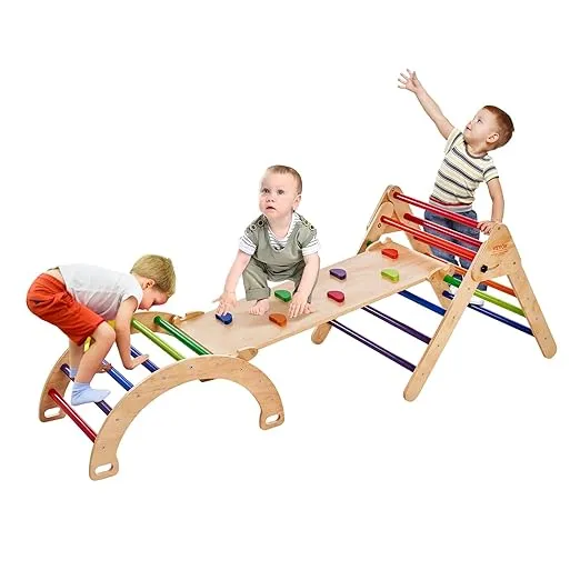 VEVOR Pikler Triangle Set, 5 in 1 Toddler Climbing Toys Indoor Playground, Wooden Climbing Gym for Toddlers 1-3 Years, Montessori Climbing Set with Triangle, Ramp, and Arch, Rainbow, Large Size