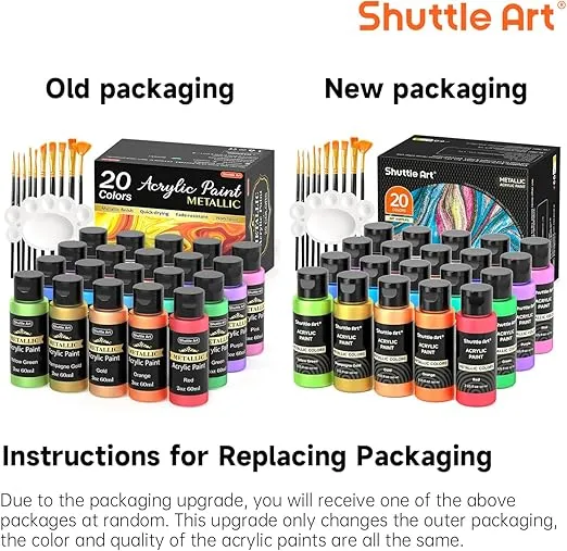 Shuttle Art Metallic Acrylic Paint Set, 20 Colors Metallic Paint in Bottles (60ml, 2oz) with 10 Brushes and 1 Palette, Rich Pigments, Non-Toxic for Artists, Beginners on Rocks Crafts CanvasWood Fabric