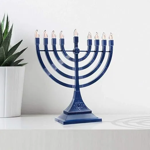 Zion Judaica Blue Electronic Hanukkah Menorah Powered by Batteries or USB 4' Cable Included Flameless Chanukkah Candles Holder LED Electric Minorah Bulbs Chanukah Deco Chanukkiah