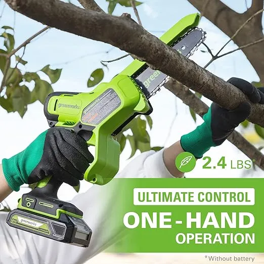 Greenworks 24V 6" Brushless Mini Chainsaw, Small Cordless Handheld Saw, 2.0Ah Battery and Charger Included