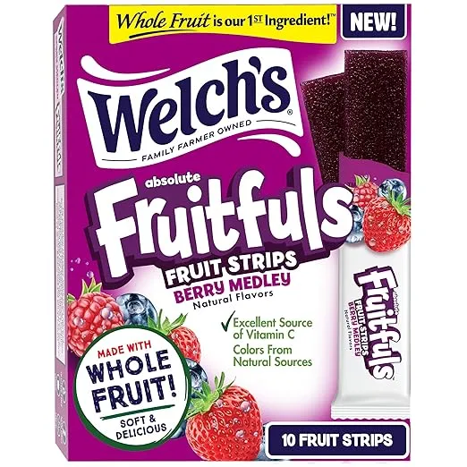 Welch’s Absolute Fruitfuls Fruit Strips, Tasty Dried Fruit Snacks for School Lunches, Berry Medley, 0.5oz (Pack of 10)