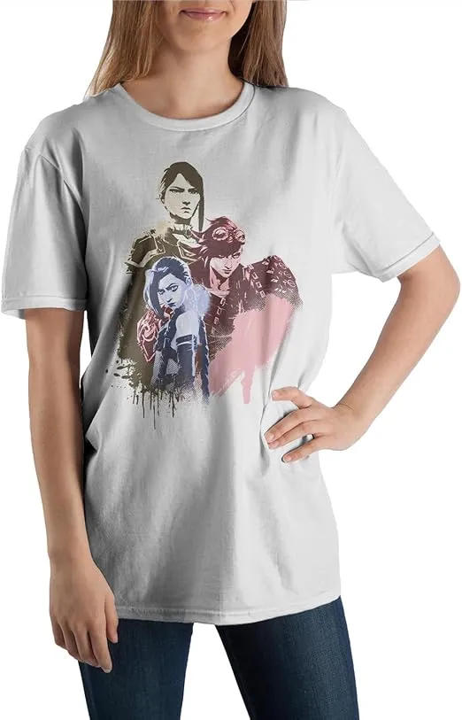 Arcane League of Legends Character Trio Adult White Crew Neck Short Sleeve T-Shirt