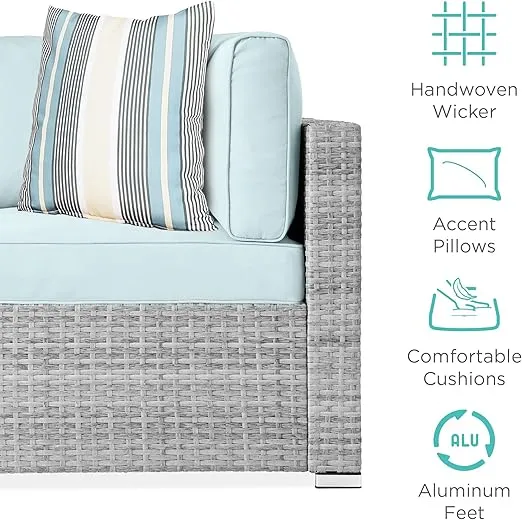 Best Choice Products 7-Piece Modular Outdoor Sectional Wicker Patio Conversation Set w/ 2 Pillows, Coffee Table, Cover Included - Gray/Pastel Blue
