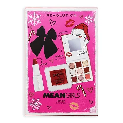 Revolution Beauty, Mean Girls x Revolution Gift Set, Eyeshadow Palette Holiday Gift Set with Matte Red Lipstick & Hair Bow, Vegan & Cruelty-Free