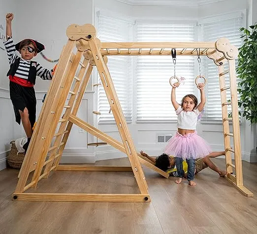 Avenlur Chestnut 8-in-1 Indoor Foldable Playset for Kids - with Slide, Climbing Wall, Monkey Bars, Swing