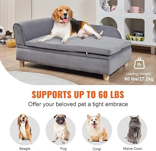 VEVOR Pet Sofa, Dog Couch for Small-Sized Dogs and Cats, Soft Velvety Dog Sofa Bed, 60 lbs Loading Cat Sofa, Grey
