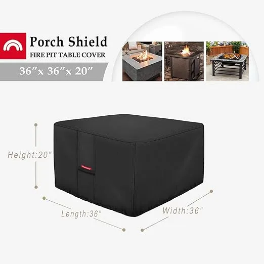Porch Shield Fire Pit Cover - Waterproof 600D Heavy Duty Fade Resistant Square Patio Fire Pit Table Cover Black - 36 x 36 inch