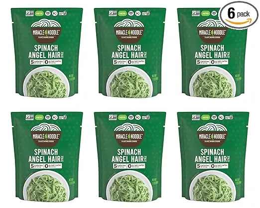 Miracle Noodle Spinach Angel Hair Pasta - Ready-To-Eat Plant Based Shirataki Noodles, Keto, Vegan, Gluten-Free, Paleo, Konjac Noodles, Low Calorie & Carb Pasta, Soy Free, Non-GMO - 7 Oz, 6-Pack
