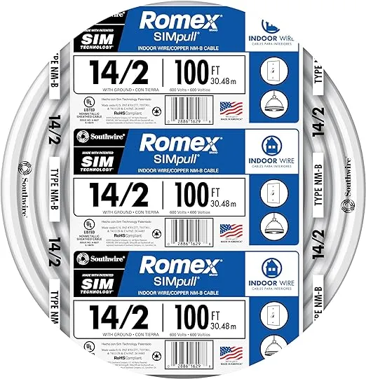 Southwire Romex Brand Simpull Solid Indoor 14/2 W/G NMB Cable 100ft Coil - SW# 28827423