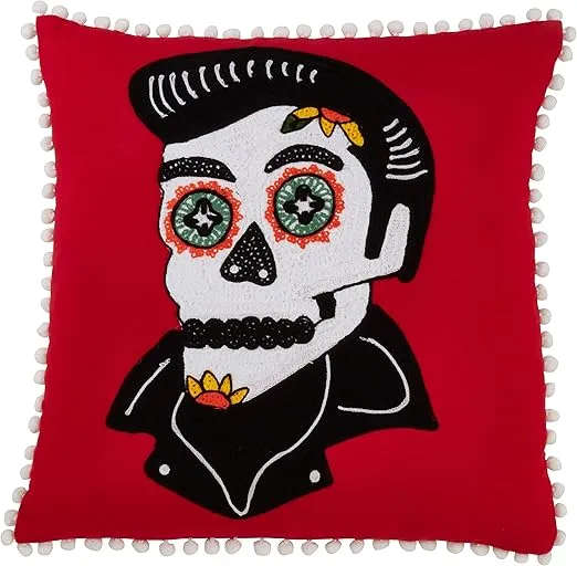 SARO LIFESTYLE Día de Los Muertos Collection Sugar Skull Cotton Down Filled Pillow, 18", Red