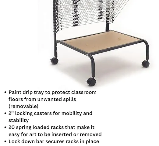 Copernicus Wide 20-Shelf Spring-Loaded Rolling Art Drying Rack for Classrooms and Art Studios, White/Black