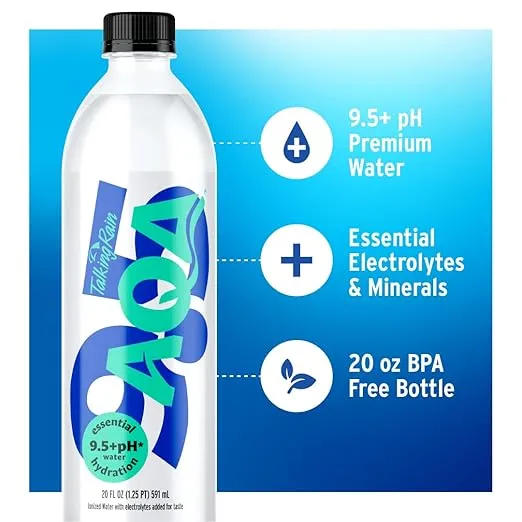 Talking Rain AQA Alkaline Ionized Bottled Water, 9.5 pH, with Electrolytes and Minerals Added for Taste, 20 fl oz Bottle (Pack of 12)