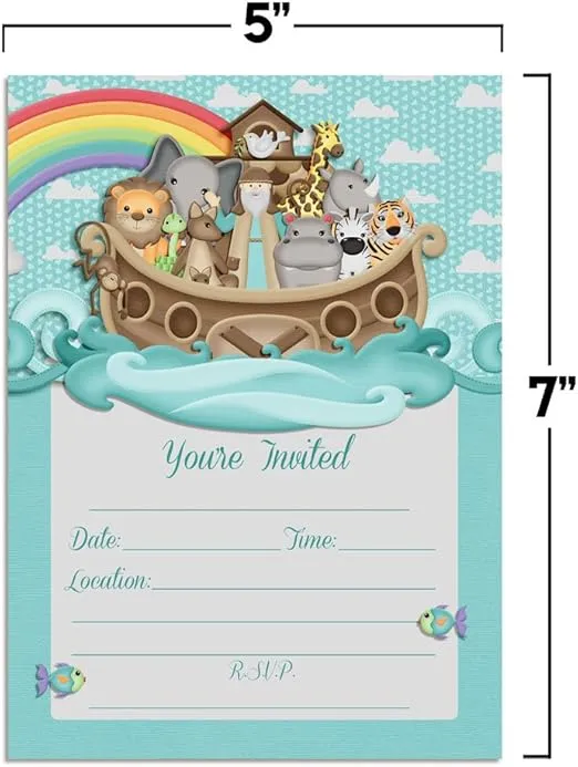 Noah’s Ark Birthday Party or Baby Shower Invitations, 20 5x7 Fill In Cards with Twenty White Envelopes by AmandaCreation