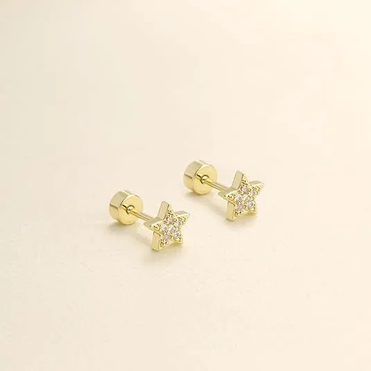 Dainty Flat Back Stud Earrings for Women 14K Real Gold Plated Cubic Zirconia Flatback Small Stud Earrings Pair, Hypoallergenic Cartilage Tragus Piercing Screw Back Earrings Women Trendy Gold Jewelry