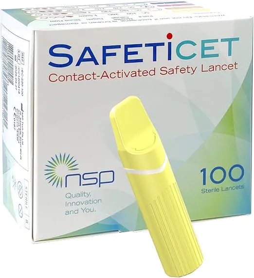 Contact-Activated Safety Lancet Yellow 100 Units. Needle Size 28G. Penetration Depth 1.50 mm. Volume: Micro