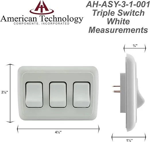 Triple SPST On-Off Switch with Bezel, 12-Volt, for RV, Trailer, Camper (White)