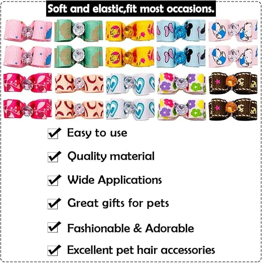 PET SHOW 20 Pack Mini Small Dogs Hair Bows With Rubber Bands Ribbon Rhinestone Dog Puppy Yorkie Grooming Tiny Topknot Hair Accessories Assorted Color