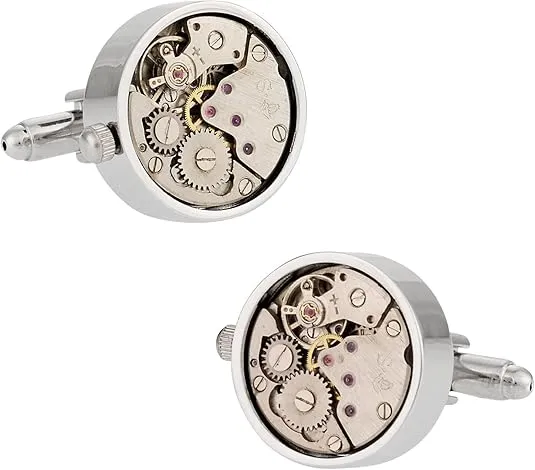 Working Watch Movement Steampunk Cufflinks with Glass Cover - Silver Clock Skeleton Cufflinks Travel Box in with Presentation Box