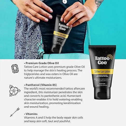 Tattoo Goo Aftercare Lotion Soothing, Color Brightening Skin Moisturizer - Healing Treatment with Olive Oil, Healix Gold + Panthenol - Vegan, (Packaging May Vary) - 2 oz
