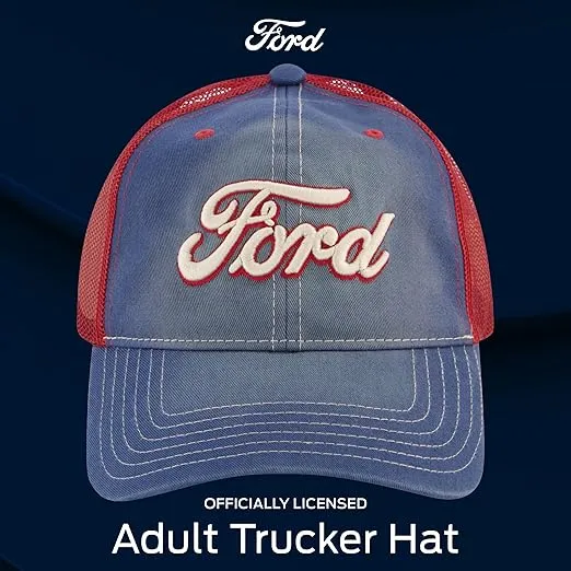 Ford Truck Hat, Logo Mesh Adjustable Snapback Baseball Cap with Curved Brim, Blue, One Size