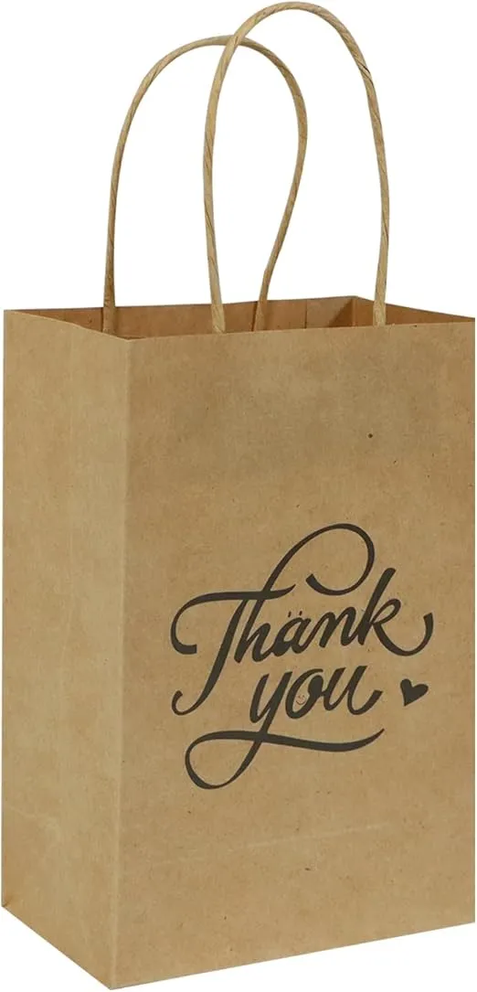 50 Pack 5.25x3.25x8 inch Plain Brown Small Gift Paper Bags with Handles Bulk, bagmad Kraft Paper Bags, Party Favors Grocery Retail Shopping Bags, Craft Bags Cub Sacks (Natural 50pcs) (Thank You-Brown)
