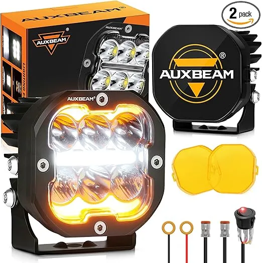 Auxbeam XP-Ultra Series 3Inch 84W LED Pods, DRL & Turn Signal Multi Modes Amber White LED Light Bar, 9600LM Spot Flood Combo Ditch Lights Yellow Fog Lights Offroad Cube Lights with Covers, Pair