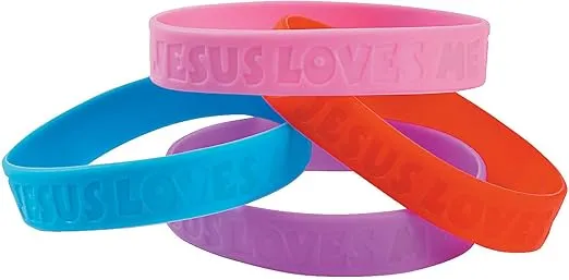 Fun Express Jesus Loves Me Rubber Bracelets - Novelty Jewelry, Party Favors - 24 Pieces | vbs Bracelets | Religion Summer Camp | Religious Easter Gifts for Kids
