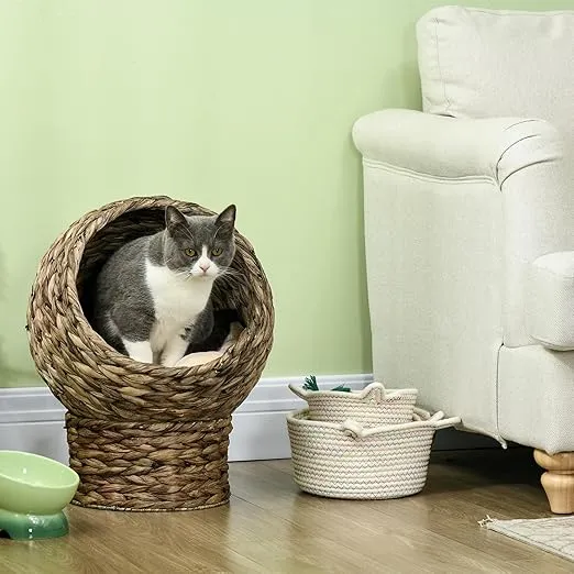 PawHut Handwoven Elevated Cat Bed with Soft Cushion & Cat Egg Chair Shape, Cat Basket Bed Kitty House with Stand, Raised Wicker Cat Bed for Indoor Cats, 23.5" H, Gray