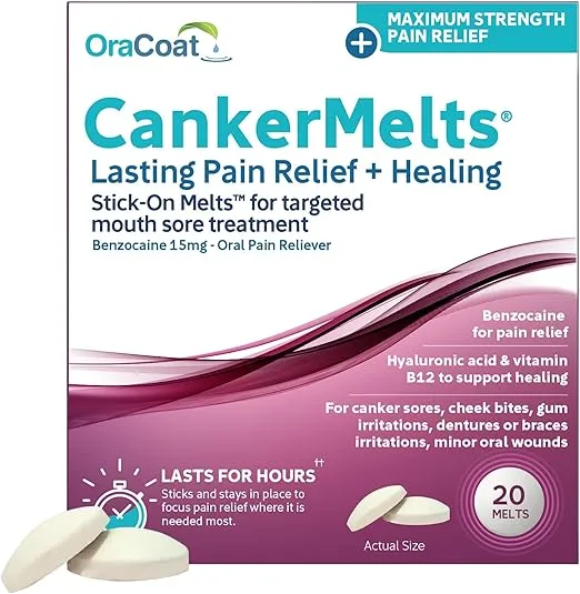 Oracoat CankerMelts Canker Sore Treatment, 20 Stick-On Melts with Benzocaine, Hyaluronic Acid & Vitamin B12, Fast Acting Oral Pain Reliever for Mouth