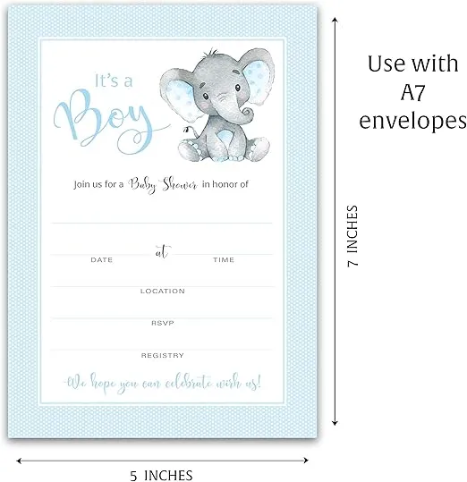 IT’S A BOY! — Boy Elephant BABY SHOWER INVITATIONS— Pack of 25 — BLUE Peanut Baby Shower Blank Fill-in INVITES, Chic, Unique, BLUE Baby BOY Sprinkle Invites, DIY Invites Polka Dot SKU I501-INV1