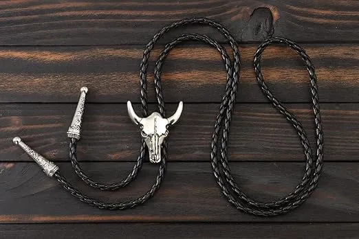 Western Vintage Bolo Tie for Men - Cow Skull Design Cowboy Tie - Black Leather Bolo Necktie Necklace
