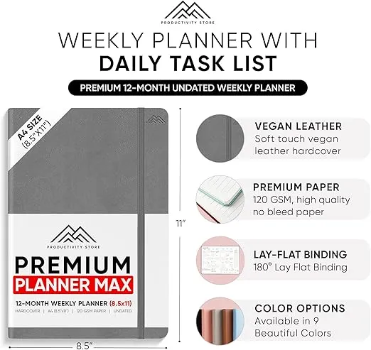 PRODUCTIVITY STORE Pro Max - Undated, 2025 Planner, 8.5" x 11" - The #1 Productivity Planner to Achieve Your 2025 Goals - Planner 2025-2026 - Grey - A4