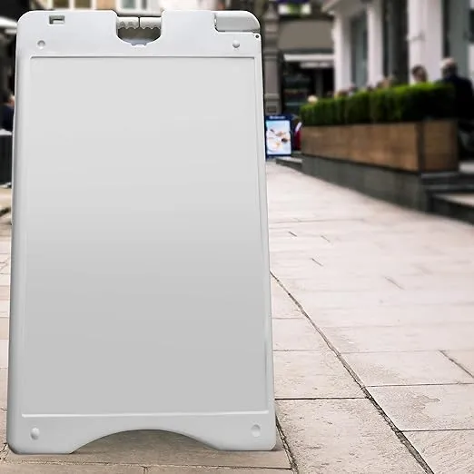 Jumbl A-Frame Signboard 15.7” x 26” Display Surface – Small Outdoor Sandwich Board w/Weather Resistant PVC Sign Protector & Sand Fill Holes – Dual Signage Stand for Storefront Sidewalk Curb (White)