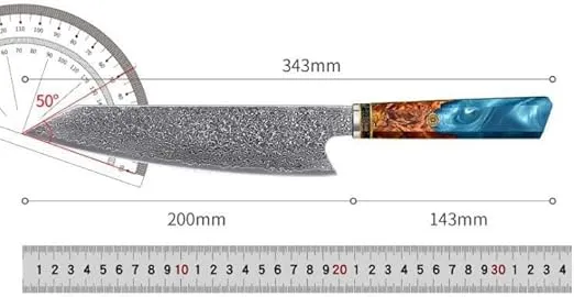 Seido Knives Kiritsuke Damascus Steel Chef Knife Epoxy Resin Stabilized Wood Handle Professional Kitchen Knife VG10 High Carbon Stainless Steel, Sapphire Blue