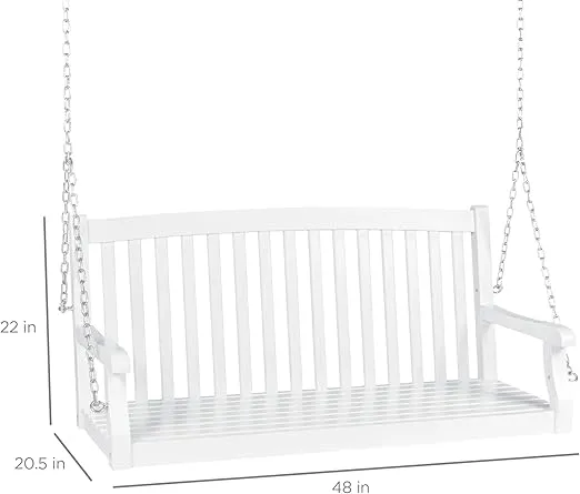 Best Choice Products 48in Wood Porch Swing Outdoor Patio Hanging Bench Chair Furniture for Deck, Garden, Yard w/Mounting Chains, Curved Back Design, 500lb Weight Capacity - White