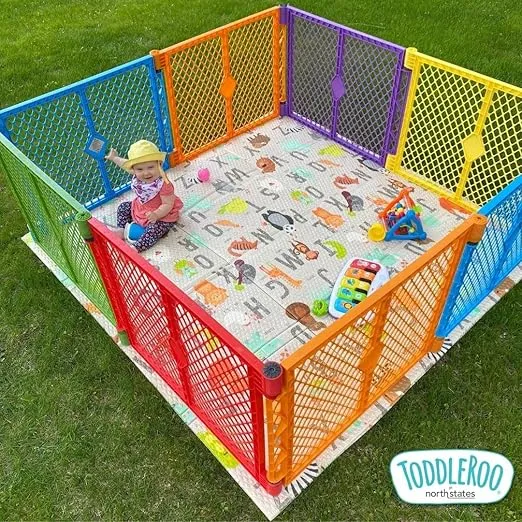 Toddleroo by North States Superyard Colorplay 8 Panel Free Standing Play Yard, Indoor or Outdoor Baby Playpen, Baby Gate. Made in USA. 6.5 feet corner to corner play pen (26" Tall, Multicolor)